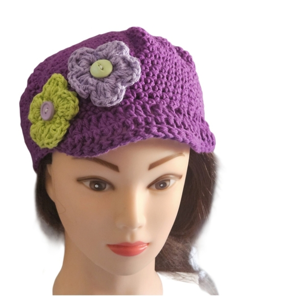 Handmade Boho Crochet Hat Cotton Floral Cap Purple Lavender Summer Werable Art - Picture 7 of 17